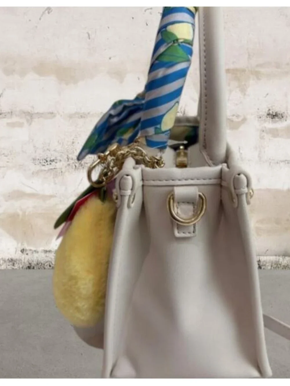 Betsey Johnson Blue Stripe Mini Satchel with Yellow Lemon Pom Charm NWT